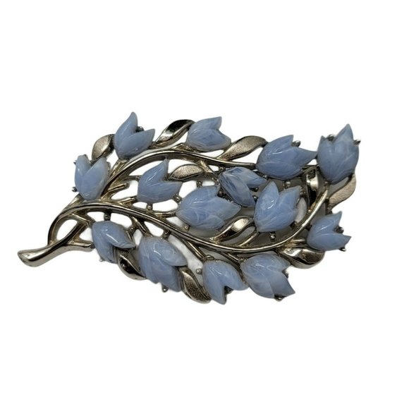 Trifari Jewelry - Crown Trifari Blue Lucite Molded Flower Silver Ton